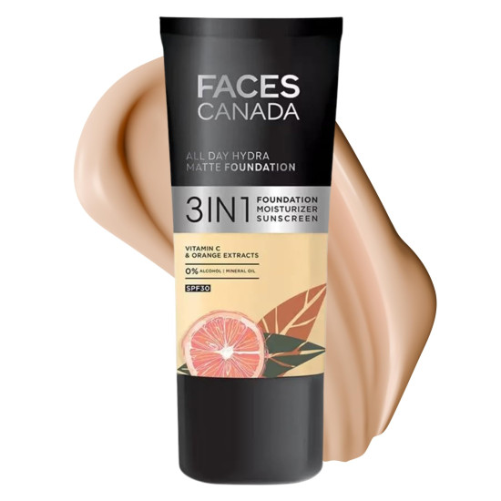FACESCANADA All Day Hydra Matte Liquid Foundation|3-in-1 Foundation + Moisturizer + SPF 30|24 HR Aloe Hydration&Vitamin C|10HR Long Wear|Medium to High Buildable Coverage|Absolute Ivory 012|30ml