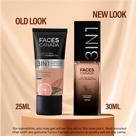 FACESCANADA Cream All Day Hydra Matte Foundation,3-in-1 Foundation + Moisturizer + SPF 30,24 HR Aloe Hydration & Vitamin C,10HR Long Wear,Medium to High Buildable Coverage,Caramel Natural 023,30ml