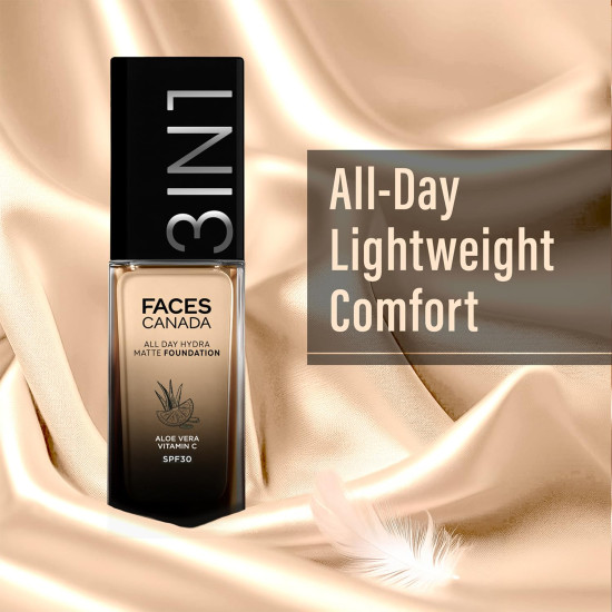 FACESCANADA All Day Hydra Matte Foundation Cream|3-in-1 Foundation + Moisturizer + SPF 30|24 HR Aloe Hydration & Vitamin C | 10HR Long Wear|Medium to High Buildable Coverage | Warm Natural 021 | 30ml