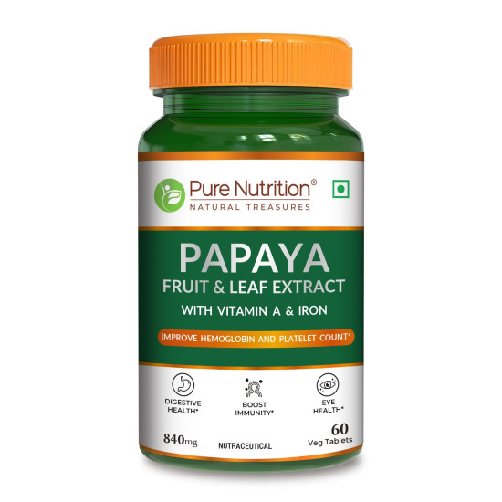 Pure Nutrition Papaya Leaf & Fruit Extract, 60 Veg Tablets | With Vitamin C & Iron for Platelet Count, Dengue Relief, Immunity Boost & Better Digestion