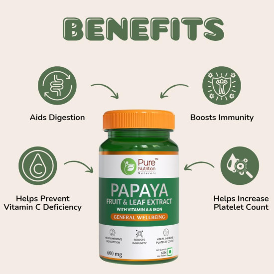 Pure Nutrition Papaya Leaf & Fruit Extract, 60 Veg Tablets | With Vitamin C & Iron for Platelet Count, Dengue Relief, Immunity Boost & Better Digestion