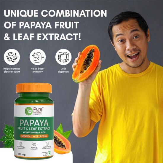 Pure Nutrition Papaya Leaf & Fruit Extract, 60 Veg Tablets | With Vitamin C & Iron for Platelet Count, Dengue Relief, Immunity Boost & Better Digestion