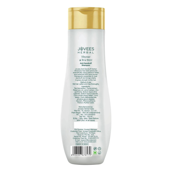 Jovees Herbal Thyme & Tea Tree Anti Dandruff Shampoo | With Tea Tree, Thyme & Lemon Extract | For All Hair Type | Prevents Dandruff & Dry Scalp 150ML