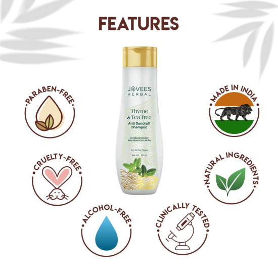 Jovees Herbal Thyme & Tea Tree Anti Dandruff Shampoo | With Tea Tree, Thyme & Lemon Extract | For All Hair Type | Prevents Dandruff & Dry Scalp 150ML