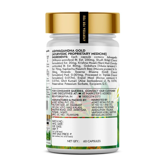 Kapiva Ashwagandha Gold 60 Caps |183rd day Nagori Ashwagandha | 5% Withanolide | Helps in Stress & Sleep Management | Improves Gym Performance | For Men & Women |100% Ayurvedic