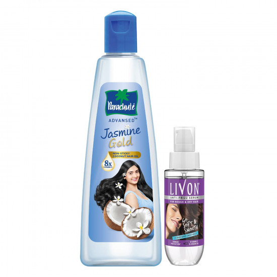 Parachute Advansed Jasmine Gold Non-Sticky Coconut Hair Oil, 500ml & Livon Hair Serum for Dry and Rough Hair, 24-hour frizz-free Smoothness, 50ml