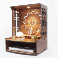 Heartily® Mangal Beautiful Wooden Pooja Stand for Home, Temple, Office, Wall Mounted Puja Mandir with LED Spot Light, Size (H- 15.5, L- 11.5, W-11 Inch)