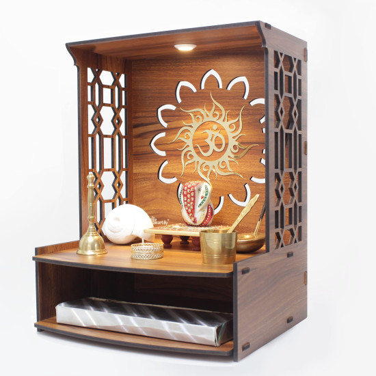 Heartily® Mangal Beautiful Wooden Pooja Stand for Home, Temple, Office, Wall Mounted Puja Mandir with LED Spot Light, Size (H- 15.5, L- 11.5, W-11 Inch)