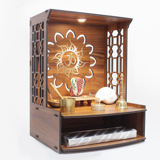 Heartily® Mangal Beautiful Wooden Pooja Stand for Home, Temple, Office, Wall Mounted Puja Mandir with LED Spot Light, Size (H- 15.5, L- 11.5, W-11 Inch)