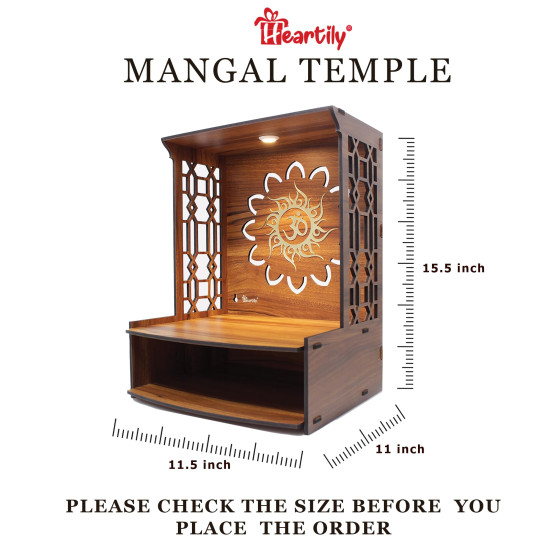 Heartily® Mangal Beautiful Wooden Pooja Stand for Home, Temple, Office, Wall Mounted Puja Mandir with LED Spot Light, Size (H- 15.5, L- 11.5, W-11 Inch)