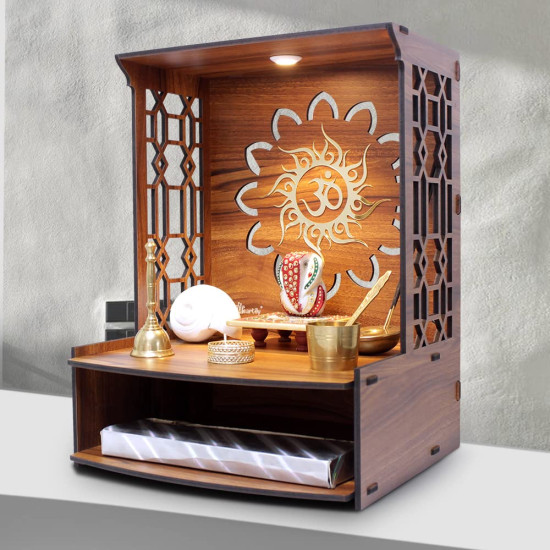 Heartily® Mangal Beautiful Wooden Pooja Stand for Home, Temple, Office, Wall Mounted Puja Mandir with LED Spot Light, Size (H- 15.5, L- 11.5, W-11 Inch)