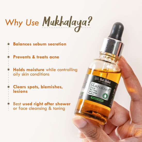 Nat Habit Clove Tea Tree Mukhalaya, Face Oil For Acne Control, with Blend of 13 Cold Pressed Oils For Natural Oily Skin Condition & Balance Sebum Secretion, No Mineral Oil or Chemical (30ml)