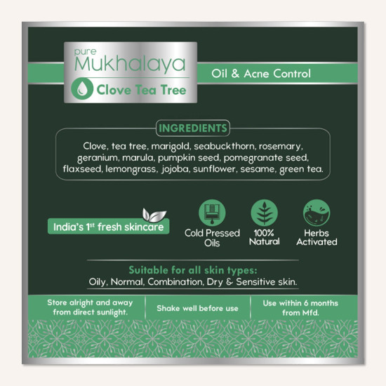 Nat Habit Clove Tea Tree Mukhalaya, Face Oil For Acne Control, with Blend of 13 Cold Pressed Oils For Natural Oily Skin Condition & Balance Sebum Secretion, No Mineral Oil or Chemical (30ml)