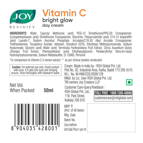 Joy Vitamin C Skin Brightening Face Cream with Kakadu Plum for Brighter Skin in 4 Days | Boosts Glow, Fades Dark Spots, Fights Ageing & Protects from Sun Damage | Oil Free Face Moisturizer - 50ml