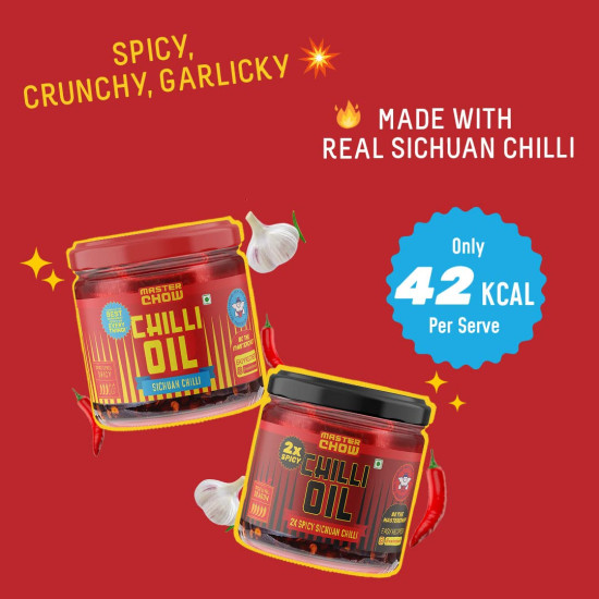 MasterChow Combo Of Mild Chilli Oil Sauce&Double Trouble 2X Spicy Sichuan Chilly Oil Sauce(New Launch)|Made With Sichuan Peppercorns,Crunchy Garlic & Red Chilies|Eat With Momos,Pizza,Noodles (340 Ml)