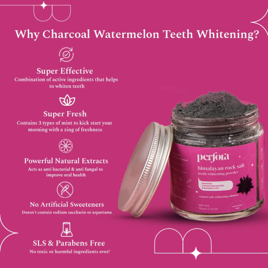 Perfora Charcoal Teeth Whitening Powder | Enamel Safe & Effective Teeth Whitener Solution Dental Kit| Stain Removal and Activated Charcoal Formula For Long Lasting Freshness | Watermelon Mint Flavour