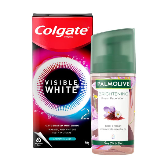 Colgate Visible White O2, Teeth Whitening Toothpaste, Aromatic Mint, 50g, Active Oxygen Technology & Palmolive Brightening Foam Facewash with 100% natural extract - Suits All Skin Types (100ml)