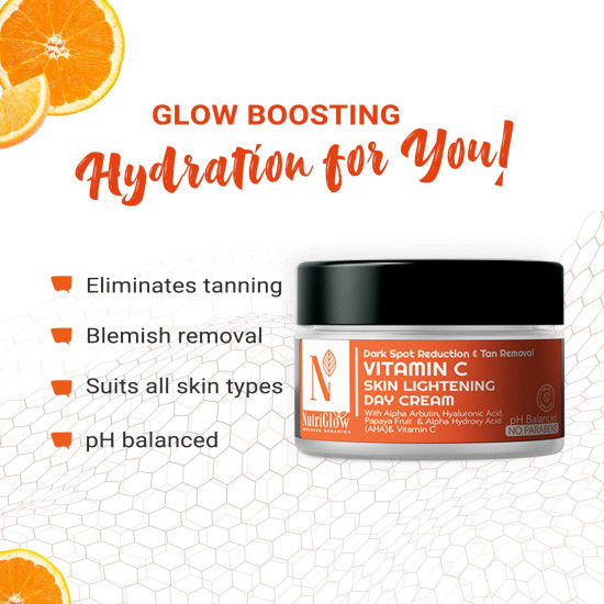 Nutriglow Advanced Organics Vitamin C Skin lightening Day Cream for Dark Spot Reduction & Tan Removal - All Skin Types - 50g