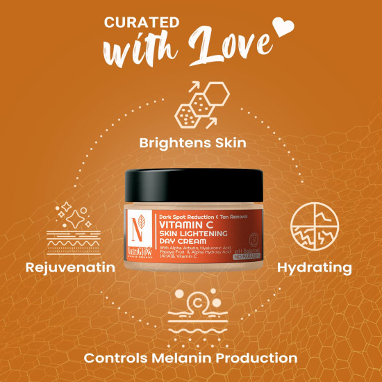 Nutriglow Advanced Organics Vitamin C Skin lightening Day Cream for Dark Spot Reduction & Tan Removal - All Skin Types - 50g