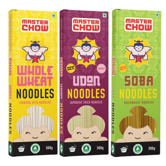 MasterChow Assorted Healthy Noodle Pack - 1 Whole Wheat, 1 Soba, 1 Udon Noodles| Not Fried | No Preservatives | Pack of 3 Noodles - 300 Grams Each