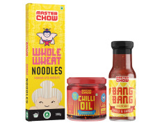 MasterChow Sizzling Oil Noodle Pack - Spicy & Crunchy Chilli Oil Dip with Healthy Whole Wheat Noodles & Bang Bang Chilli Garlic Stir-Fry Cooking Sauce| Serves 4-5 Meals