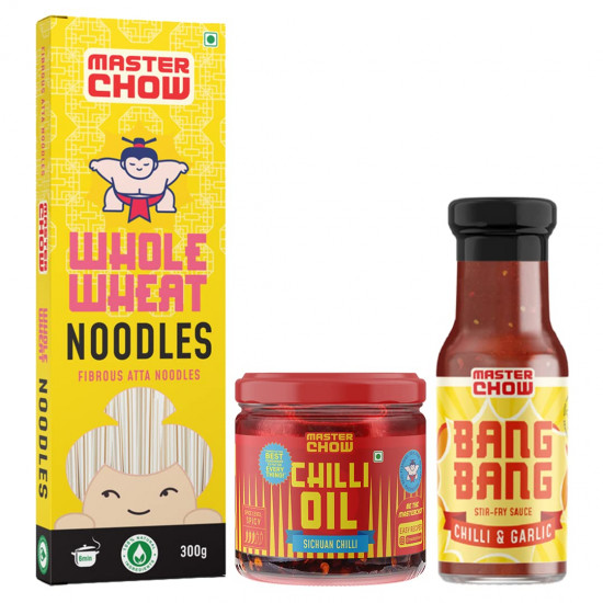 MasterChow Sizzling Oil Noodle Pack - Spicy & Crunchy Chilli Oil Dip with Healthy Whole Wheat Noodles & Bang Bang Chilli Garlic Stir-Fry Cooking Sauce| Serves 4-5 Meals