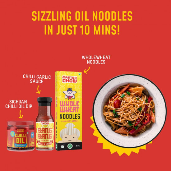 MasterChow Sizzling Oil Noodle Pack - Spicy & Crunchy Chilli Oil Dip with Healthy Whole Wheat Noodles & Bang Bang Chilli Garlic Stir-Fry Cooking Sauce| Serves 4-5 Meals