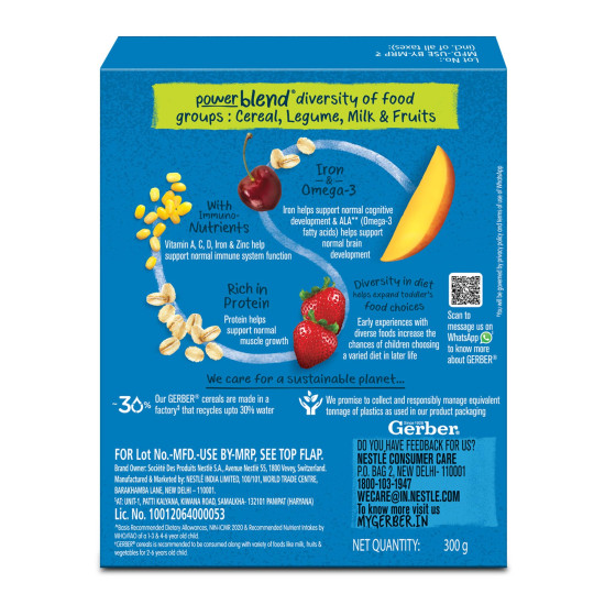 GERBER Cereals - Mango & Berry | Instant Cereal for little ones | With Iron & Omega-3 | Rich in Protein | With Vit A, C, D & Zinc | No added colours or flavours | 300g