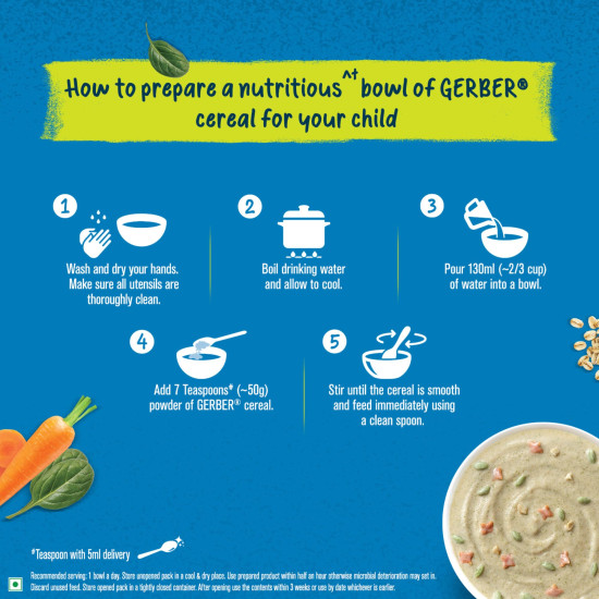 GERBER Cereals - Spinach & Carrot | Instant Cereal for little ones | With Iron & Omega-3 | Rich in Protein | With Vit A, C, D & Zinc | No added colours or flavours | 300g