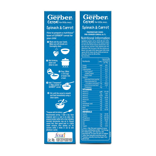 GERBER Cereals - Spinach & Carrot | Instant Cereal for little ones | With Iron & Omega-3 | Rich in Protein | With Vit A, C, D & Zinc | No added colours or flavours | 300g