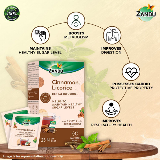 Zandu Cinnamon Licorice Herbal Infusion: With Green Tea & Other Valuable Ingredients| Helps Maintain Healthy Sugar Levels | Supports Heart & Respiratory Health(25 Tea bags)