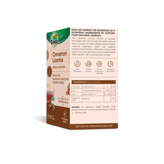 Zandu Cinnamon Licorice Herbal Infusion: With Green Tea & Other Valuable Ingredients| Helps Maintain Healthy Sugar Levels | Supports Heart & Respiratory Health(25 Tea bags)