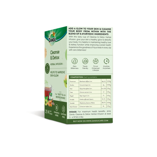 Zandu Cleanse & Detox Herbal Infusion: Use This Tea Bag To Give Your Body The Gift Of Good Health |Helps Improve Skin Glow & Detoxifies The Body (25 Tea Bags), Green Tea, 90 Gram