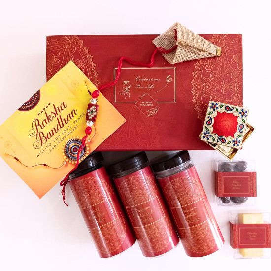 NutriSnacksBox Rakhi Gift Hamper for Brother with 1 Rakhi & Kumkum Vatti | Dark Chocolate Cookies, Dark Choco Dragees, Dark Chocolates, Golden Raisins & Almond Cashew Dry Fruits