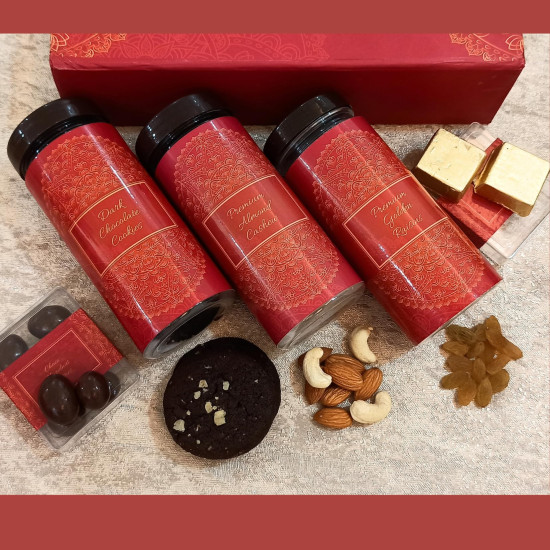 NutriSnacksBox Rakhi Gift Hamper for Brother with 1 Rakhi & Kumkum Vatti | Dark Chocolate Cookies, Dark Choco Dragees, Dark Chocolates, Golden Raisins & Almond Cashew Dry Fruits