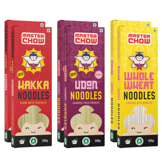 MasterChow Family Pack Noodles - 2 Whole Wheat, 2 Hakka, 2 Udon Noodles| Not Fried | No Preservatives | Pack of 6 Noodles - 300 Grams Each