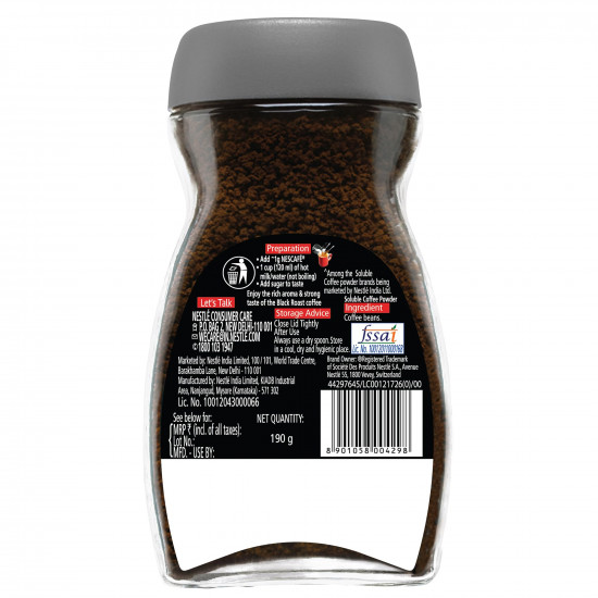 Nescafe Classic Black Roast Instant Coffee Jar, Rich & Dark | 100% Pure Soluble Coffee Powder, 190g / 200g (Weight May Vary)