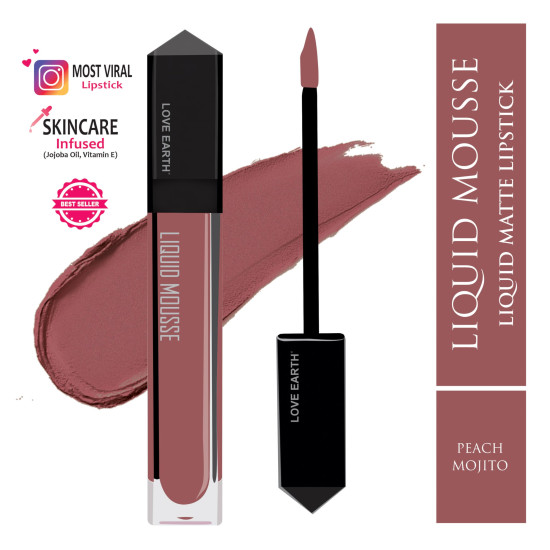 Love Earth Liquid Mousse Lipstick - Peach Mojito Matte Finish | Lightweight, Non-Sticky, Non-Drying,Transferproof, Waterproof | Lasts Up To 12 Hours With Vitamin E And Jojoba Oil - 6Ml