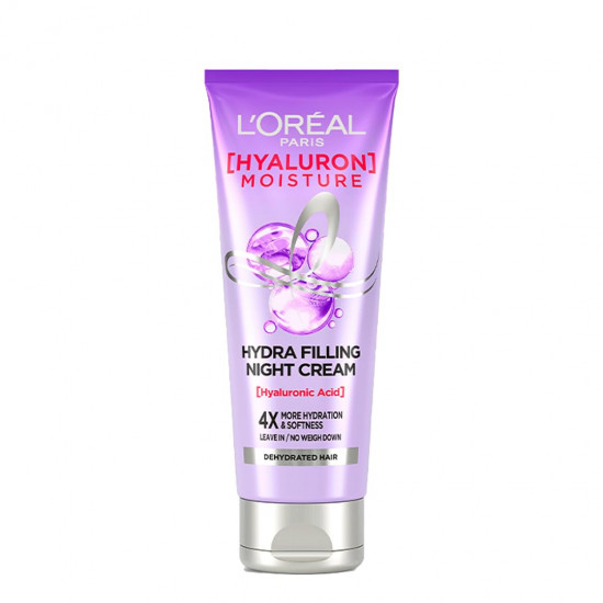 L'Oreal Paris Filling Night Cream, Leave In Hair Cream with Hyaluronic Acid, For Dry & Dehydrated Hair, Adds Shine & bounce, Hyaluron Moisture 72H Hydra, 180ml