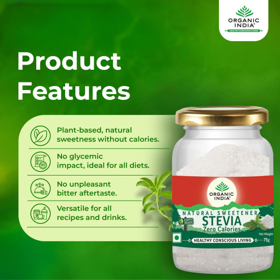 A TATA Product – Organic India Stevia Powder – 75g | Plant-Based Natural Sweetener | Zero Calories | Sugar-Free | Low Glycemic Index