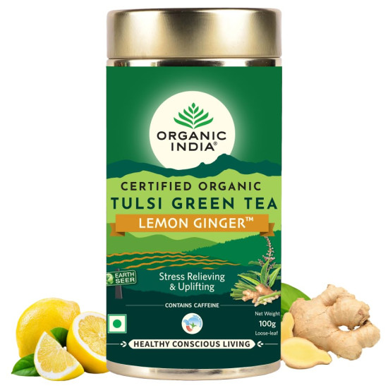ORGANIC INDIA Tulsi Green Tea Lemon Ginger 100 gm tin