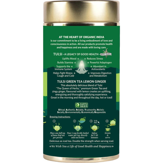 ORGANIC INDIA Tulsi Green Tea Lemon Ginger 100 gm tin