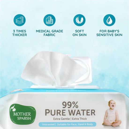 Mother Sparsh 99% Pure Water Baby Wipes, Pack of 3 (40 X 3 Wipes) | Travel Friendly Pack Made with Plant Based Fabric
