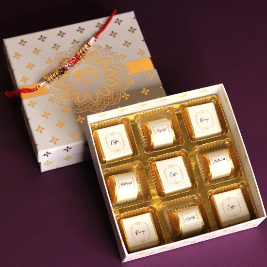 Oriole Gifts Rakhi Gift Hamper with Premium Chocolates for Brother & Sister with 1 Rakhi & 9 Premium Chocolates (Coffee, Hazelnuts, Butterscotch, Orange)