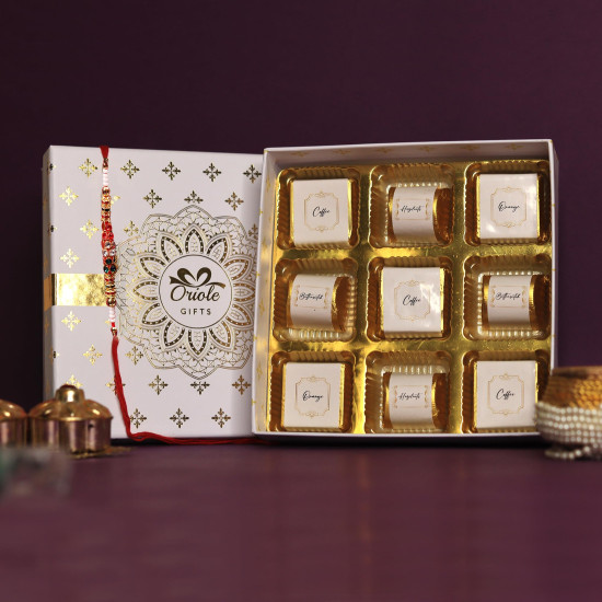 Oriole Gifts Rakhi Gift Hamper with Premium Chocolates for Brother & Sister with 1 Rakhi & 9 Premium Chocolates (Coffee, Hazelnuts, Butterscotch, Orange)