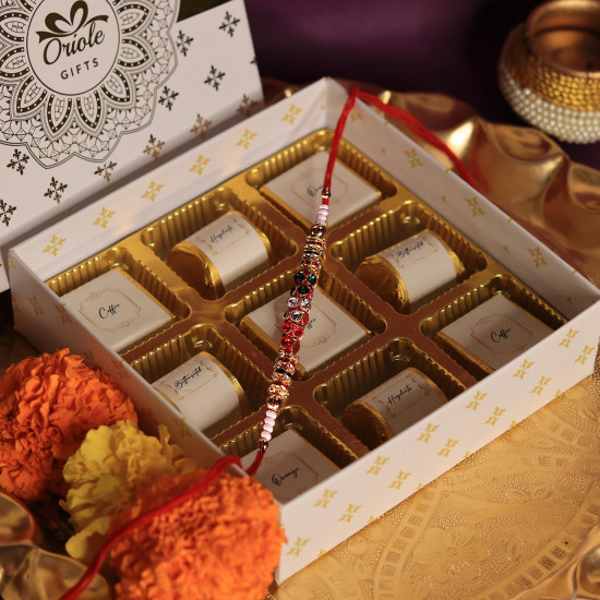 Oriole Gifts Rakhi Gift Hamper with Premium Chocolates for Brother & Sister with 1 Rakhi & 9 Premium Chocolates (Coffee, Hazelnuts, Butterscotch, Orange)