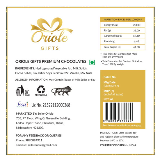 Oriole Gifts Rakhi Gift Hamper with Premium Chocolates for Brother & Sister with 1 Rakhi & 9 Premium Chocolates (Coffee, Hazelnuts, Butterscotch, Orange)