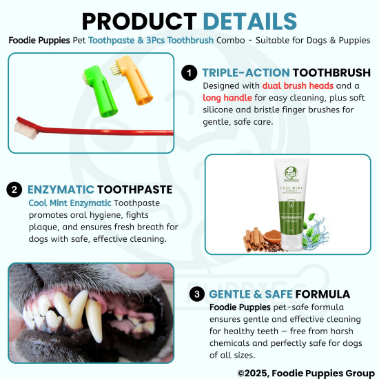 Foodie Puppies Pet Dental Oral Care Kit Combo - (Coolmint Toothpaste - 100g + 3Pcs Toothbrush) for Dogs | Soothes Inflame Gums, Remove Bad Breath, and Mix of Clove & Cinnamon Oil for Dogs and Puppies