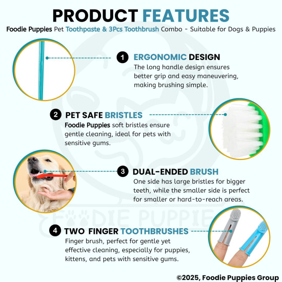 Foodie Puppies Pet Dental Oral Care Kit Combo - (Coolmint Toothpaste - 100g + 3Pcs Toothbrush) for Dogs | Soothes Inflame Gums, Remove Bad Breath, and Mix of Clove & Cinnamon Oil for Dogs and Puppies