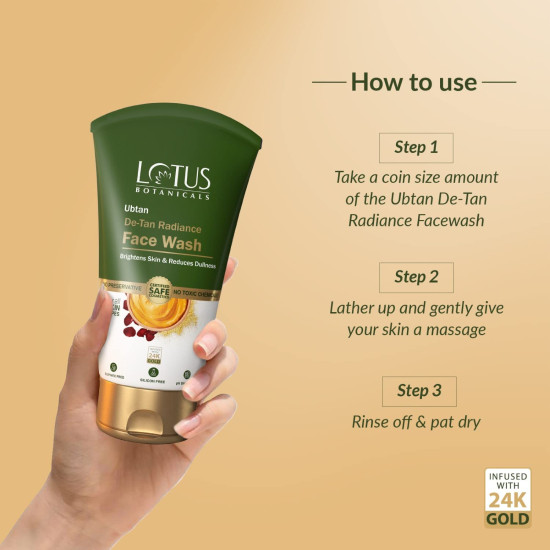 Lotus Botanicals Ubtan De-Tan Radiance Face Wash | Infused with 24K Gold | Bright & Glowing Skin | Removes Tan | No Silicon, No Sulphates, No Parabens, Non-Comedogenic, No Preservatives, No Toxic Chemicals | 100ml